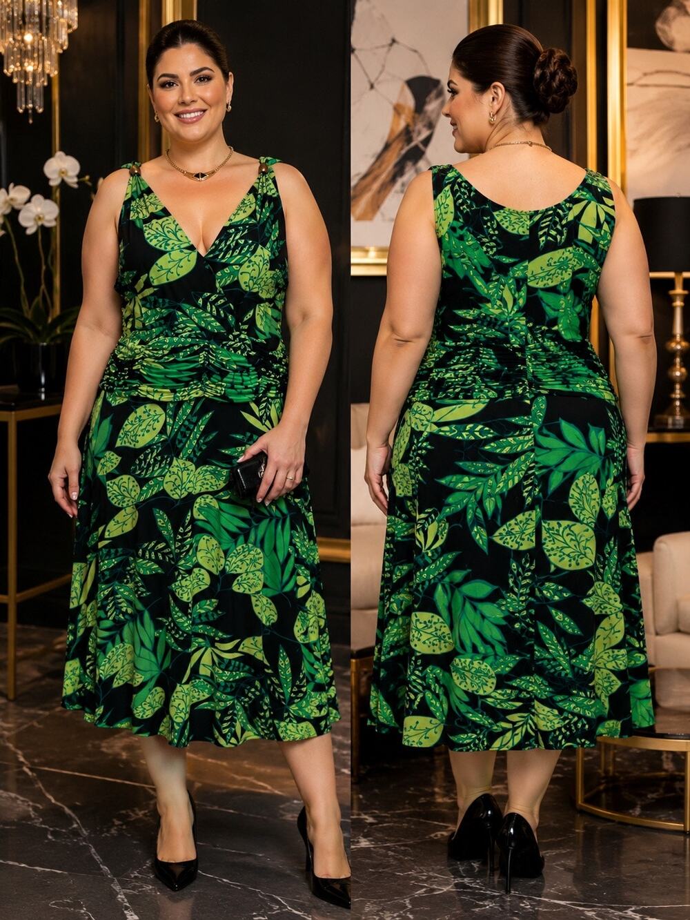 Studio AA 18W Green Black Tropical Print Ruched Midi Dress Plus Size
